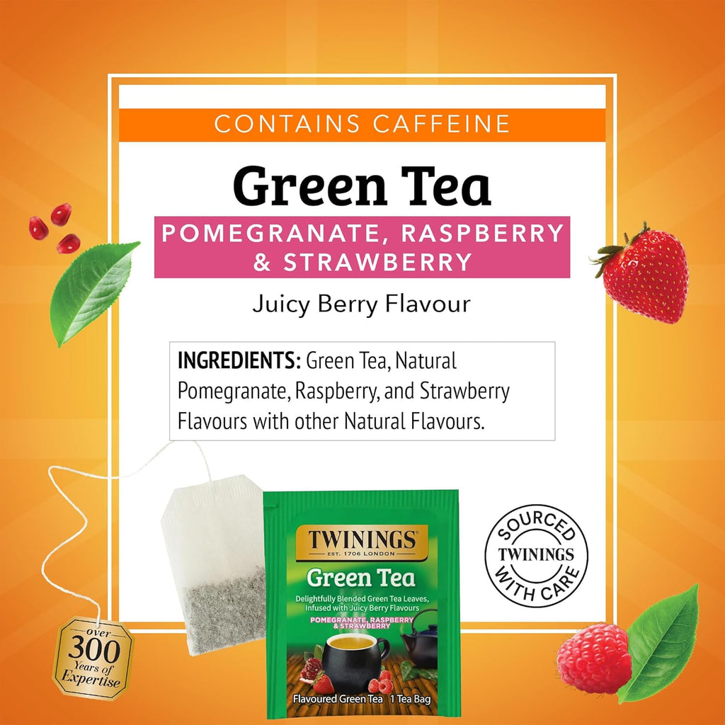 Twinings Green Tea - Pomegranate, Raspberry & Strawberry Flavor - 20 Individually Wrapped Teabags