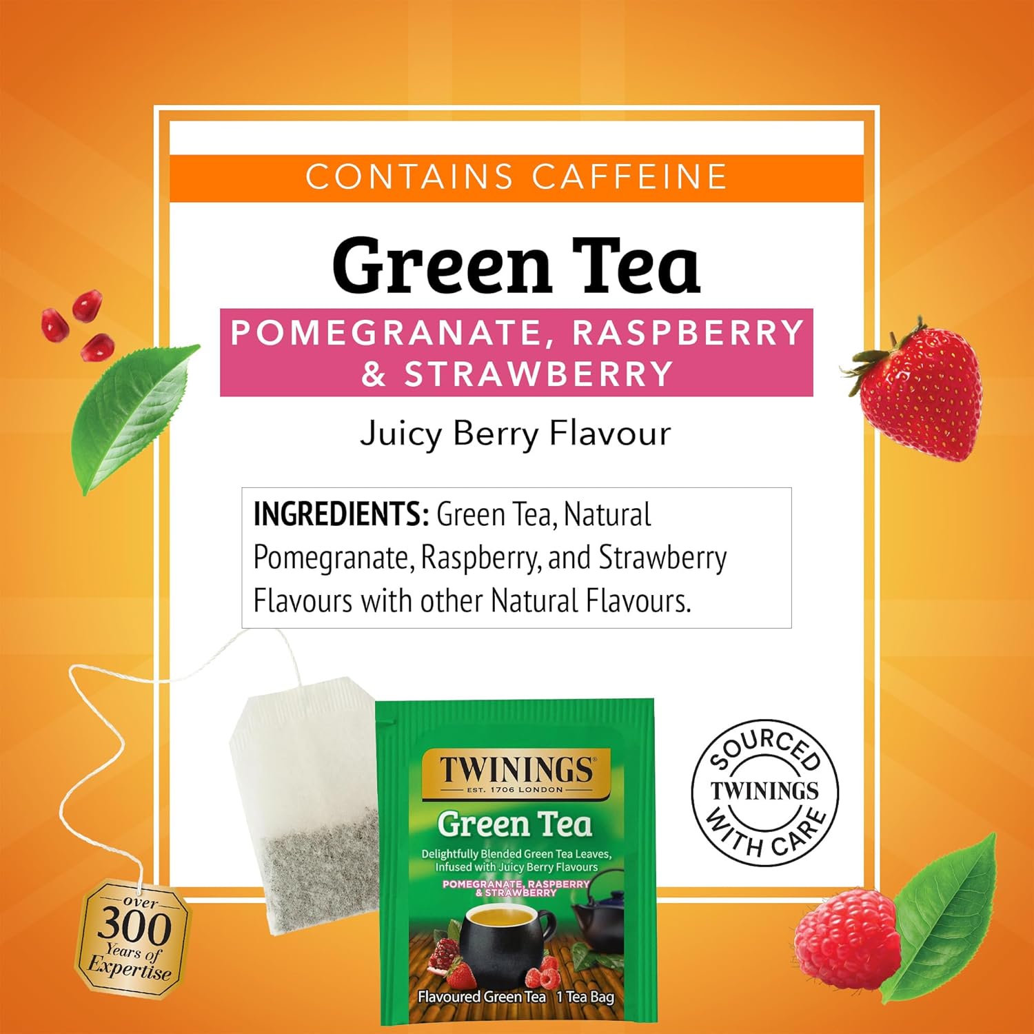 Twinings Green Tea - Pomegranate, Raspberry & Strawberry Flavor - 20 Individually Wrapped Teabags