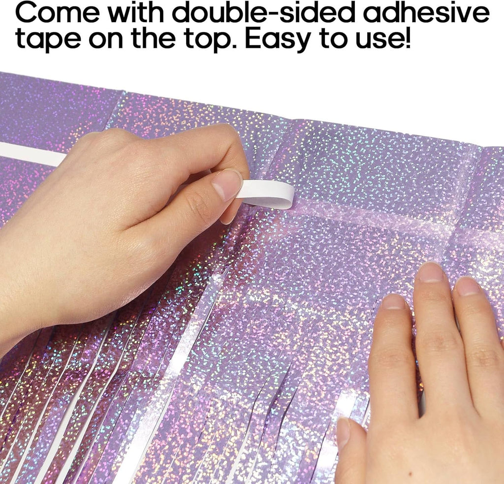 Skiennix Fringe Curtains - 2 Pack Foil Backdrops for Birthday, Wedding, and Graduation Decor - Light Purple