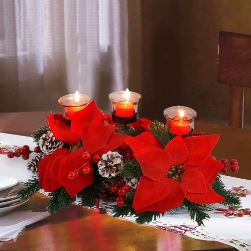 FORUP Christmas Centerpiece - Elegant Poinsettia Tabletop Decor with 3 Candle Holders for Holiday Celebrations