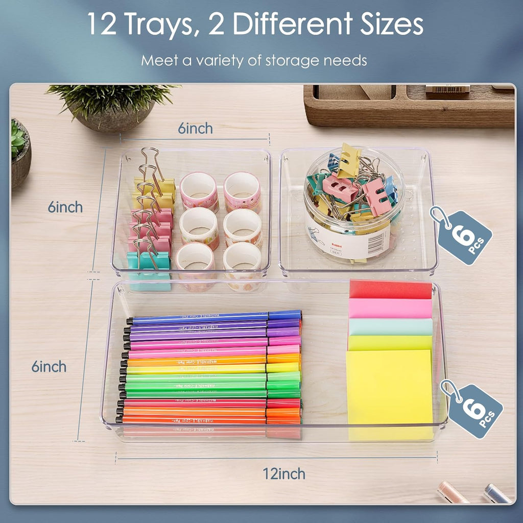 Skiennix 12 Pack Large Clear Plastic Drawer Organizers - Non-Slip Storage Bins for Makeup, Kitchen & Office