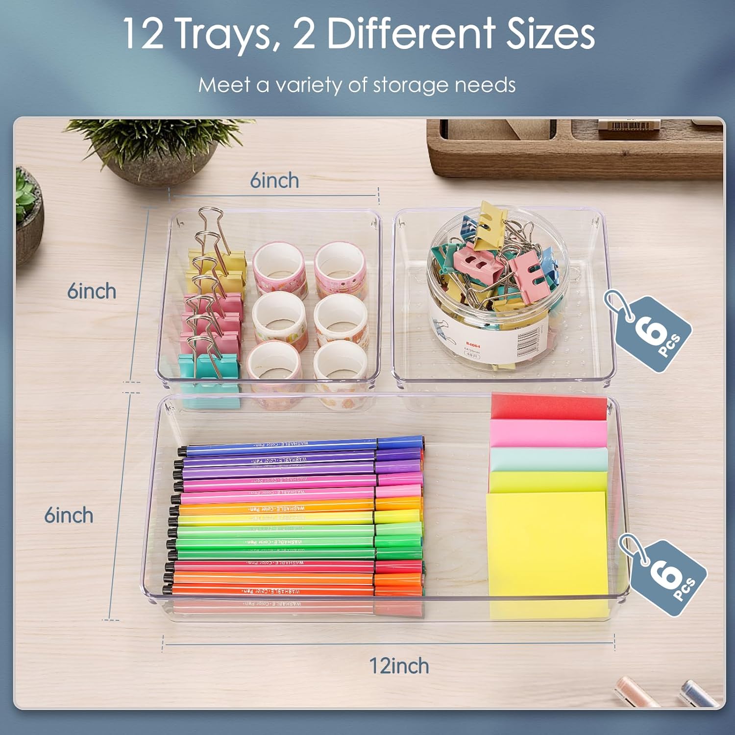 Skiennix 12 Pack Large Clear Plastic Drawer Organizers - Non-Slip Storage Bins for Makeup, Kitchen & Office