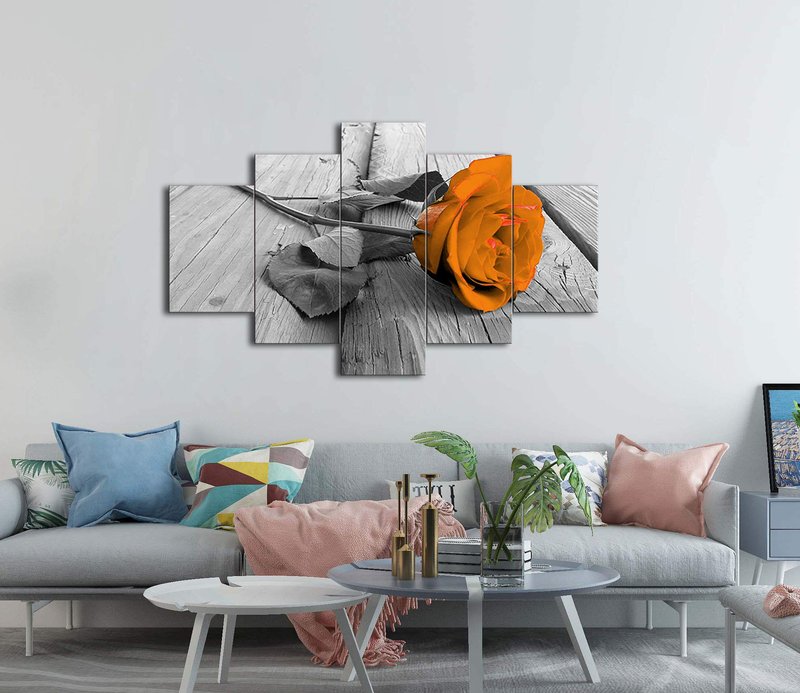 Orange Floral Flower Orange Rose 5 Pieces Modern Decorative Painting Canvas Wall Art for Living Room Bedroom Bathroom Stretched and Framed Ready to Hang (60''W x 32''H, Orange)