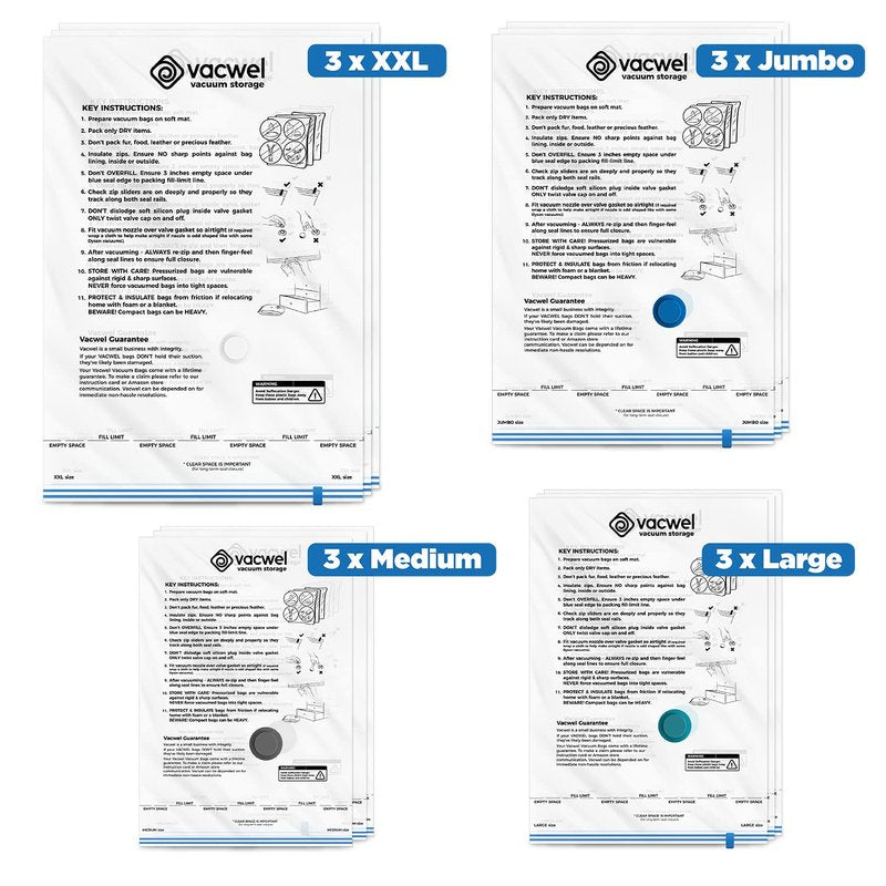 12-Pack Variety - Vacuum Storage Bags for Clothes, Packing & Storage - Strong Vacuum Space Bags for Comforter, Quilt & Mattress Topper Compression - Premium Sealing Solutions in XXL, Jumbo, L, M Sizes