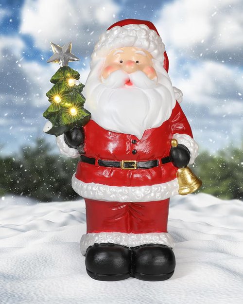 iStatue Santa Claus Decorations - 9.5” Hand-Painted Solar-Powered Christmas Statue for Outdoor Patio Decor