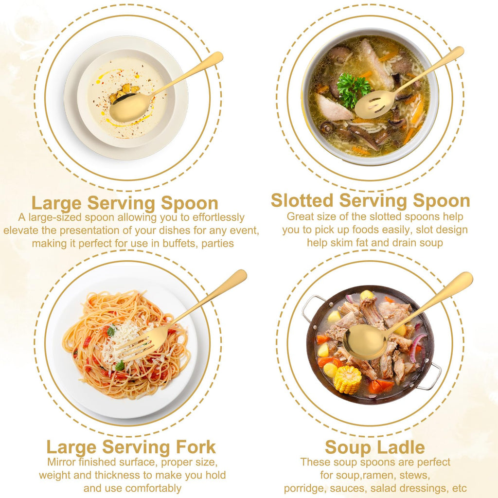12Pcs Gold Serving Utensils Set, Stainless Steel Serving Utensils Set includes Serving Spoon, Serving Solted Spoons, Fork, Sugar Tongs, Food Tongs, Cake Spatula, Soup Spoon for Parties, Buffet