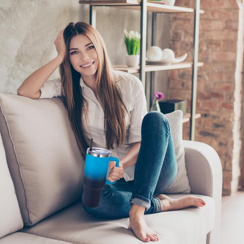 DOMICARE 40 oz Tumbler with Handle and Straw, Stainless Steel Tumbler with Lid and Straw, Reusable Vacuum Insulated Cup, Travel Coffee Mug, Blue Gradient, 4Pack