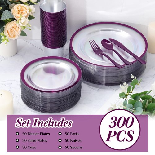Roshtia 300 Pcs Plastic Dinnerware Set for 50 Guests, Clear Plastic Plates with Rim, Include Disposable Plates, Cups, Knives, Forks and Spoons for Birthday Wedding Party(Purple)