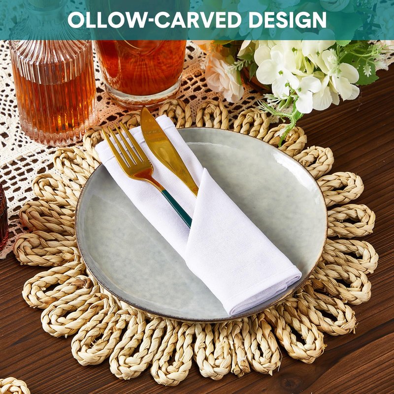 Zopeal 11'' Round Natural Woven Placemats Set of 16 Boho Braided Rattan Placemats Farmhouse Place Mats Wicker Charger Plates for Dining Table Home Wedding Indoor Outdoor(Hollow)