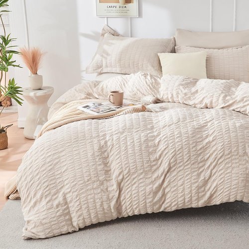 HYMOKEGE King Size Comforter Set - 7-Piece Seersucker Luxury Bedding Set in Beige | All-Season Comfort