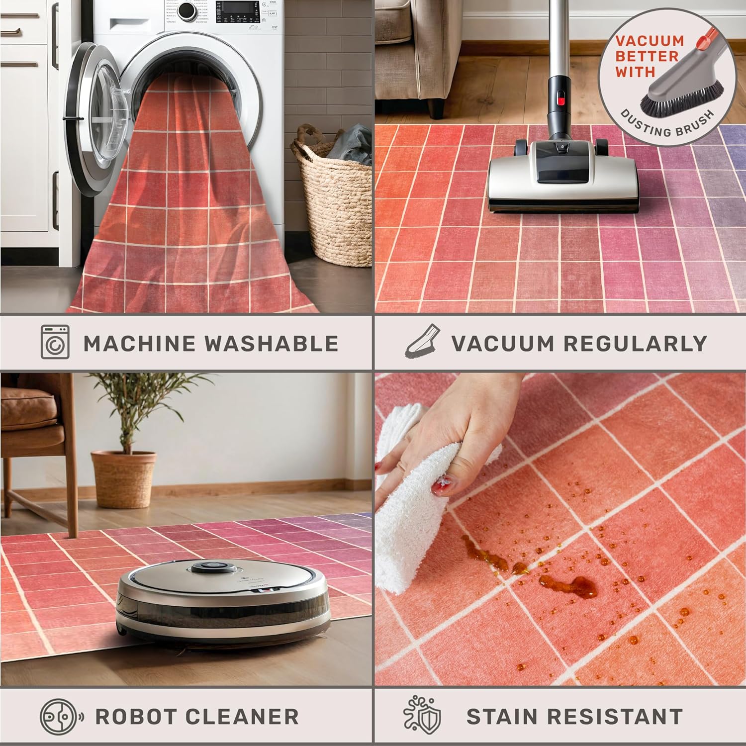 Skiennix Mid Century Modern Ombre Pink Checkered Rug - Washable Non-Slip 2x3 Small Area Rug for Entryway & Kitchen