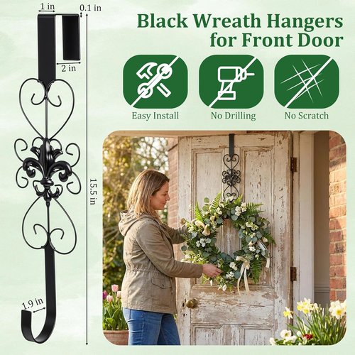 Elegant Black Wreath Hanger by [Brand Name] - Heavy Duty Metal Hook for 15.5 Inch Wreaths | Indoor & Outdoor Decor