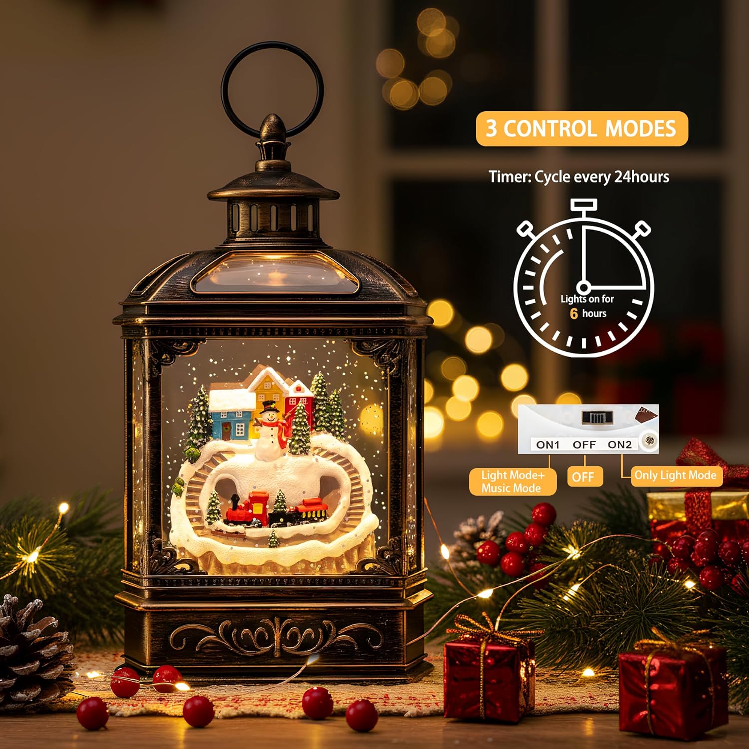 VISFLAIR Snow Globe Lantern - Musical Lighted Christmas Village with Snowman & Train | Battery Operated or USB Powered