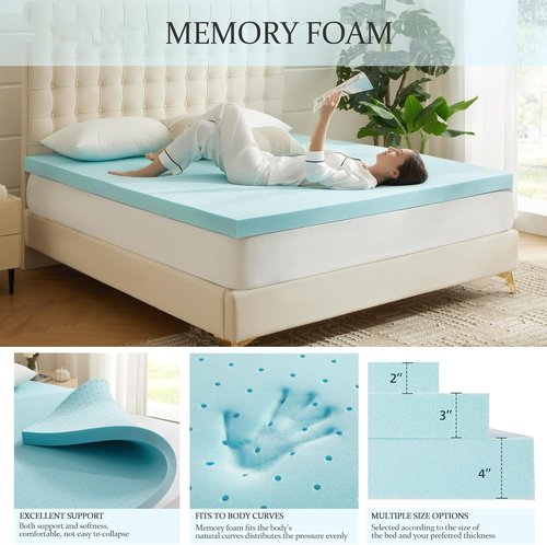 Eiayeebil Memory Foam Mattress Topper - Gel-Infused Ventilated Comfort | Full Size, Soft Blue