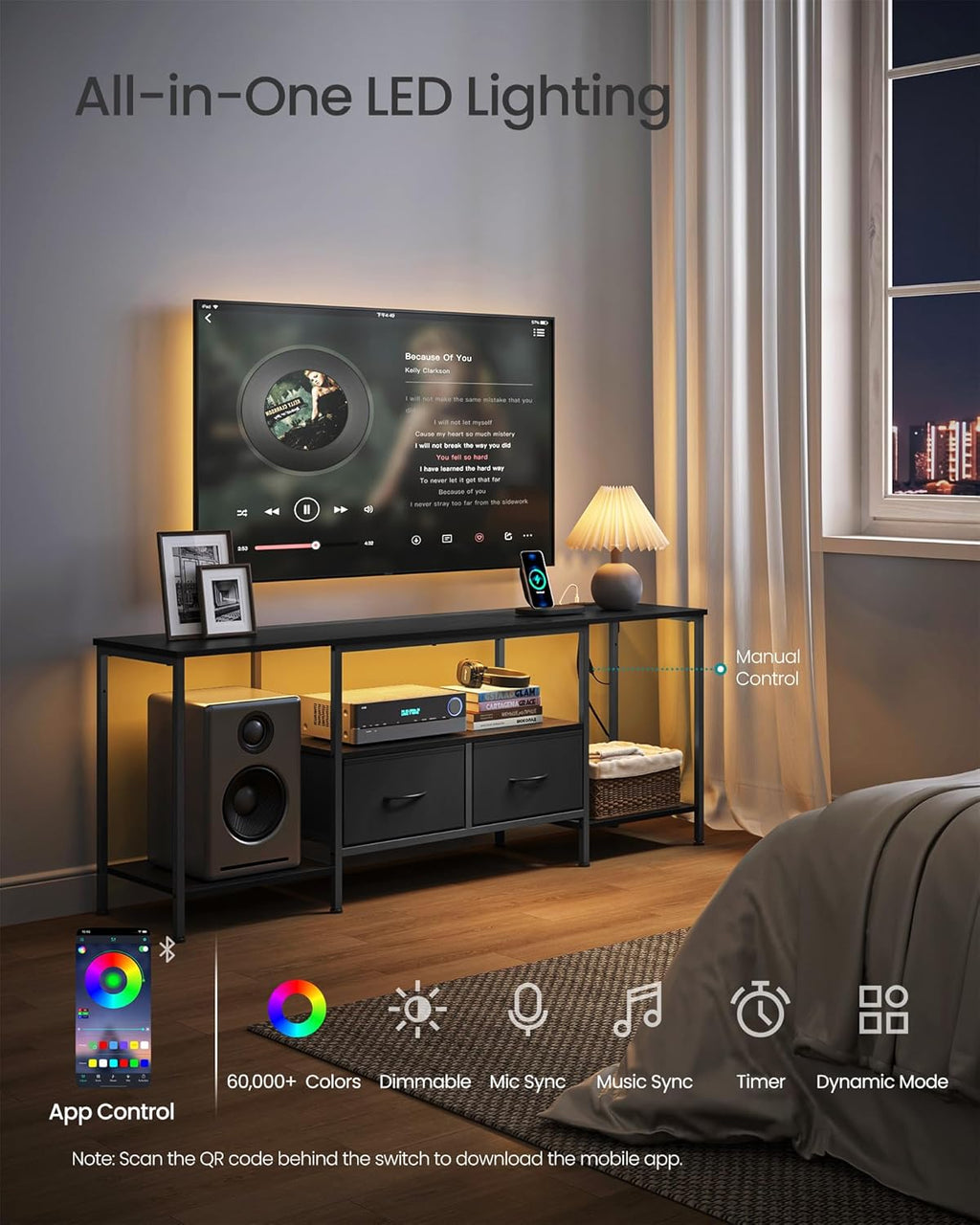 SONGMICS TV Stand - Modern Entertainment Center with Power Outlets & Lights for TVs Up to 70 Inches - Ink Black