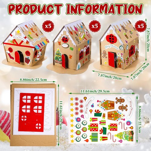 Hiboom Christmas Gingerbread House Kit - 15 Sets of Cardboard DIY Holiday Crafts for Festive Parties