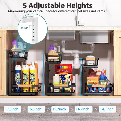 Liuoud Under Sink Organizer - 2-Tier Adjustable Pull-Out Cabinet Storage Rack | Large Capacity, Black