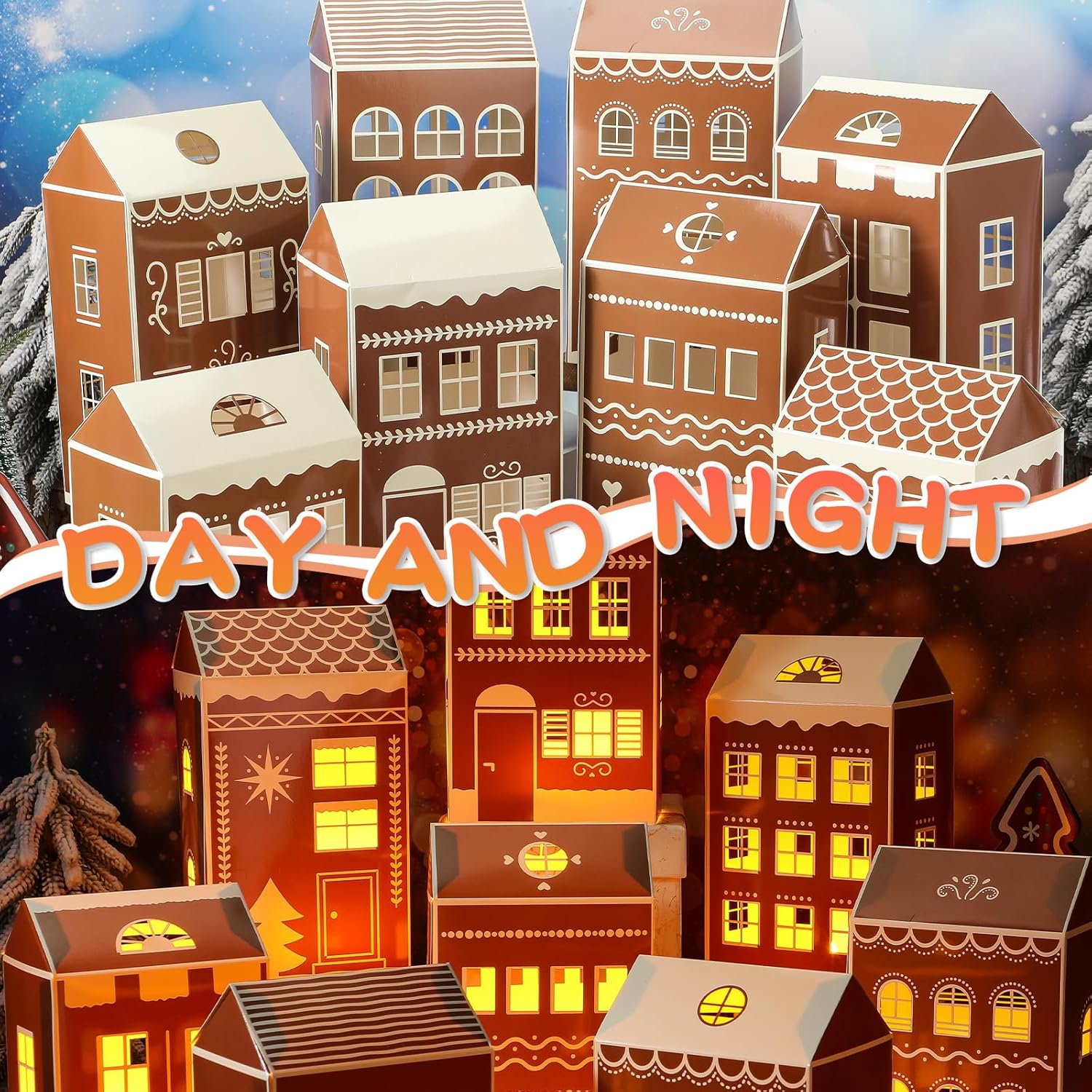 Reallnaive 20 Pcs Large 8" Christmas Cardboard Village Houses Set - DIY LED Candle Decor | Gingerbread Brown
