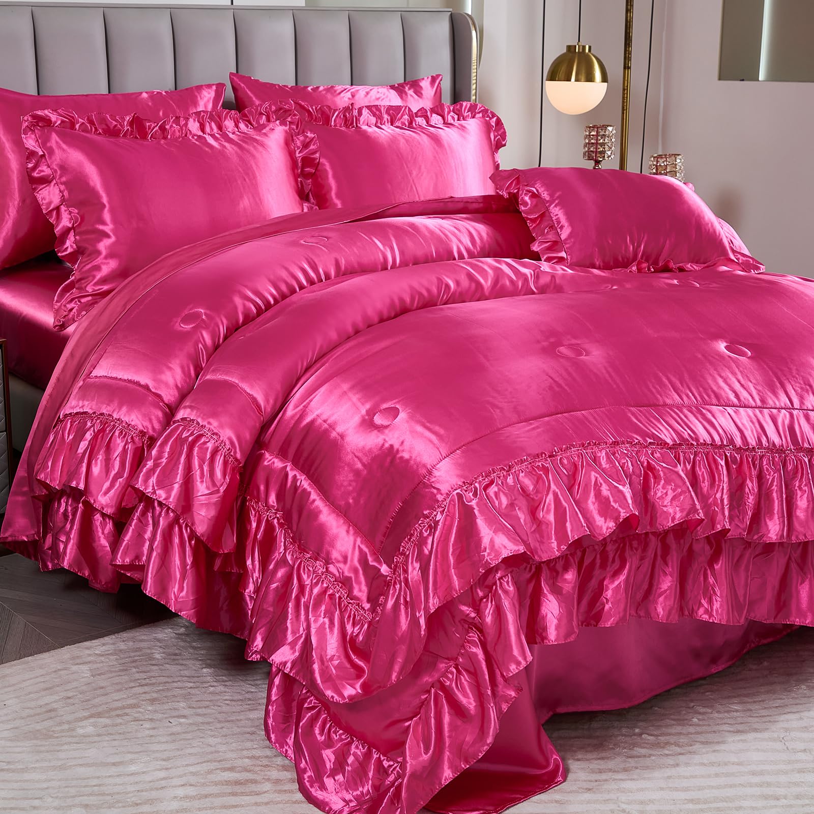 Satin Comforter Set with Sheets,Queen Bed Set,Hot Pink Comforter Set,Bed Room Decor Aesthetic,Silk Like Satin Bedding,8-Piece Ruffle Comforter Bed in a Bag Set, Pink Aesthetic Bedding Set