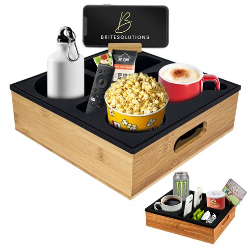 Bamboo Couch Cup Holder – 100% Wood Frame & Removable BPA-Free Silicone – Waterproof Anti-Spill Couch Tray & Couch Caddy for Bed, Sofa & Car Seat – Holds Snacks, Beverages & Remote