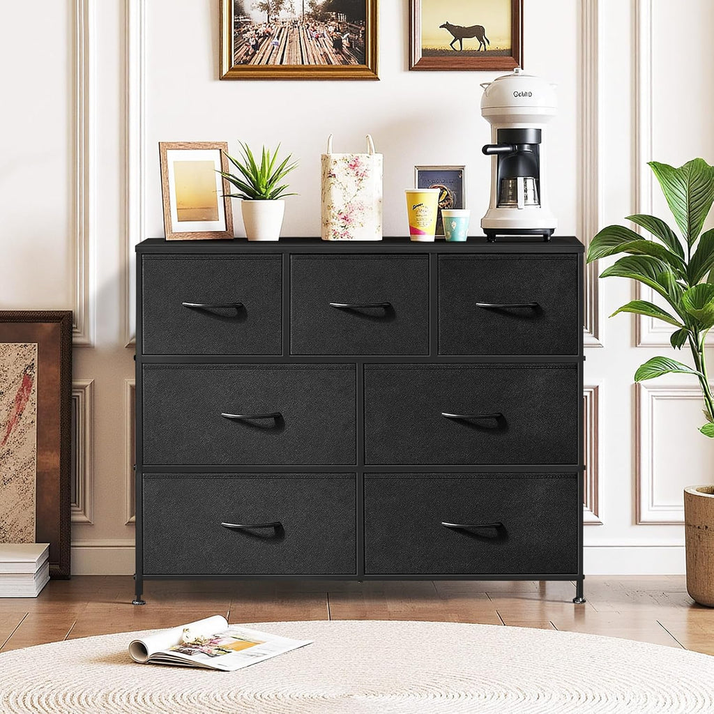 Skiennix 7-Drawer Dresser - Anti-Tip Fabric Storage Organizer with Wooden Top | Black, Versatile for Bedroom & Living Room