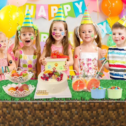 JamboRella 3PCS Pixel Gaming Tablecloth Set, 51 x 87 inches, Green and Brown Table Cover for Video Game Themed Birthday Party Decoration Supplies