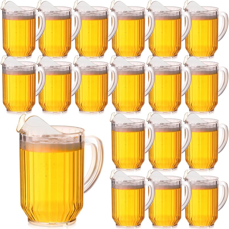 Rtteri 16 Pack 32oz Clear Plastic Pitchers – Bulk Mini Drink & Beverage Pitcher Jugs for Serving Water, Beer, Sangria, Lemonade, Juice & Iced Tea on Restaurant, Bar, Catering, BBQ, Oktoberfest & Party