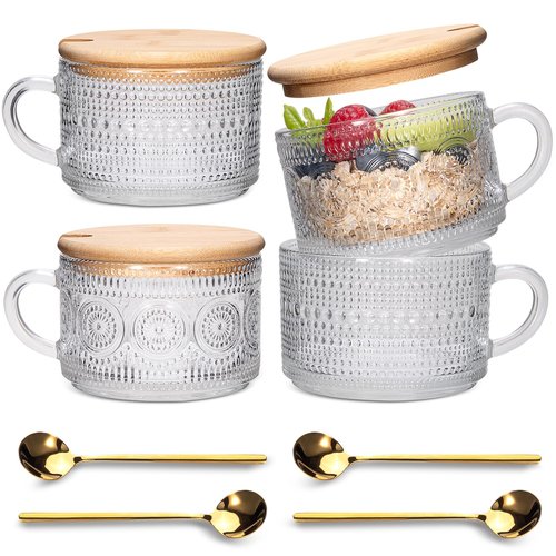 Vintage Coffee Mugs 4pcs Set, Clear Embossed Tea Cups with Bamboo Lids and Spoons, 14 Oz Glass Coffee Cups, Cute Coffee Bar Accessories, Iced Coffee Glasses, Ideal for Cappuccino, Latte (Transparent)