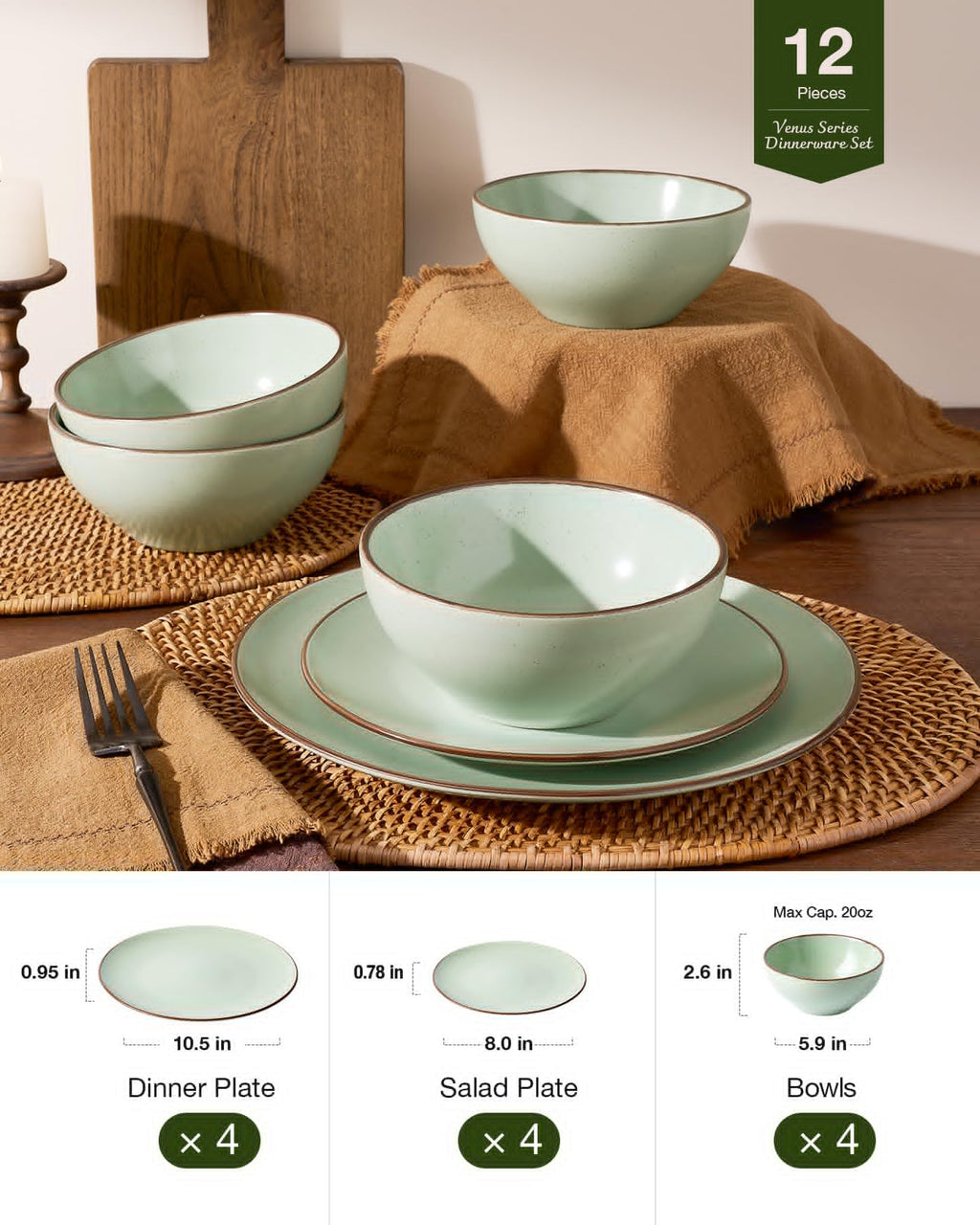 Famiware Venus Plates and Bowls Sets, 12 Pieces Stoneware Speckled Dishes Dinnerware Set for 4, Light Green - Microwave & Dishwasher Safe, Modern Minimalist, for Everyday Meals & Formal Dining