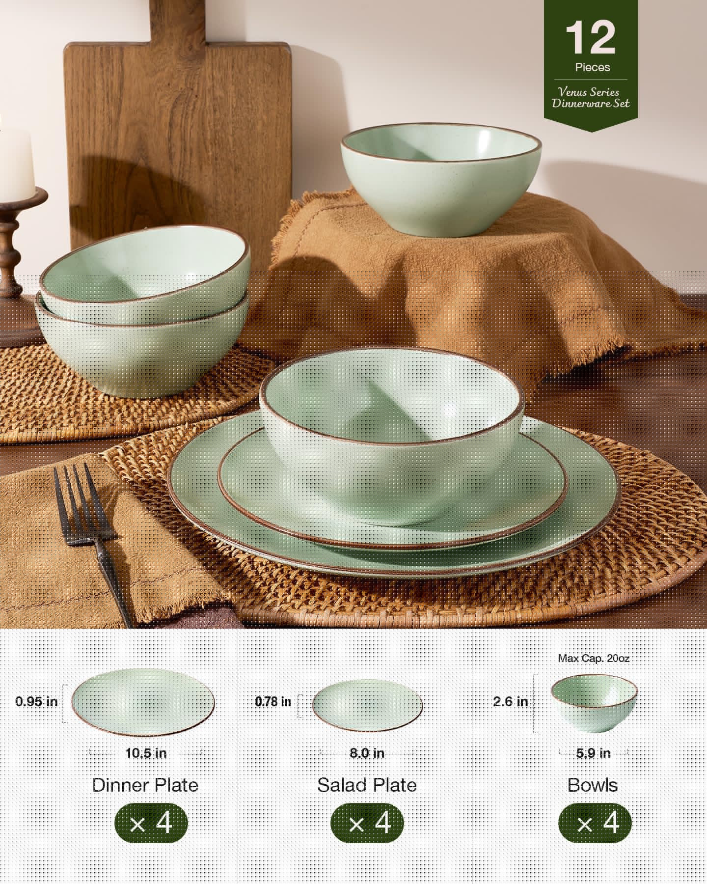 Famiware Venus Plates and Bowls Sets, 12 Pieces Stoneware Speckled Dishes Dinnerware Set for 4, Light Green - Microwave & Dishwasher Safe, Modern Minimalist, for Everyday Meals & Formal Dining