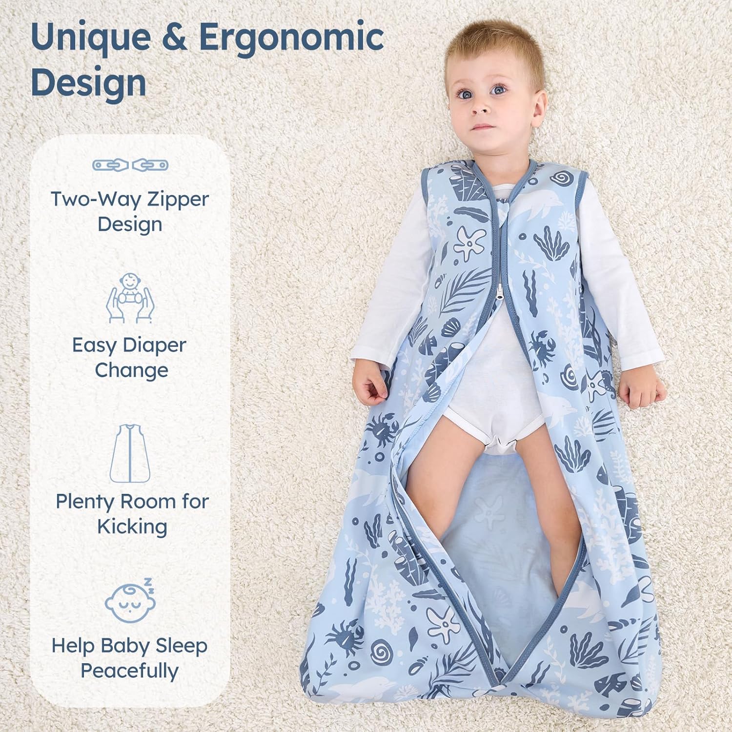 Unnivoll Baby Sleep Sack - 100% Cotton Lightweight 0.5 TOG Wearable Blanket | 0-6 Months, Blue Dolphin