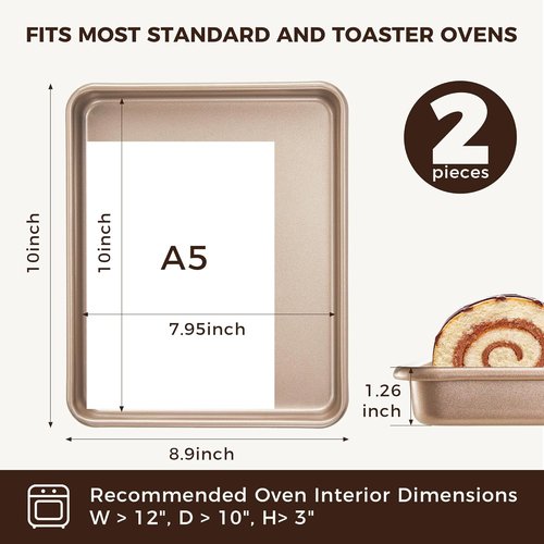 HONGBAKE Non-Stick Toaster Oven Pans - 11 x 9 Inch Heavy-Duty Baking Sheet Set | Easy to Clean, Gold Finish