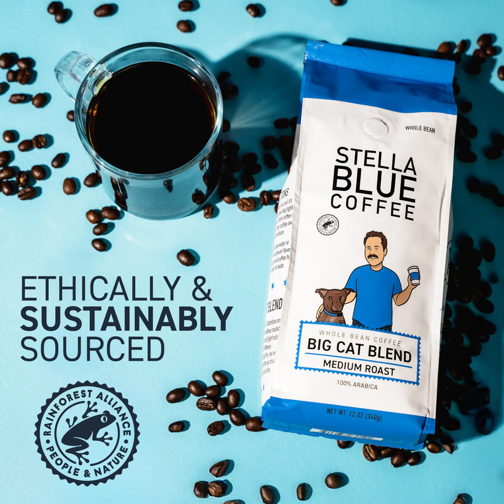 Stella Blue Whole Bean Coffee, Big Cat Blend, Medium Roast Caramel Hazelnut, Fruity Notes 100% Arabica Beans, Ethically Sourced from Central and South America, Smooth Balanced, 12oz Bag