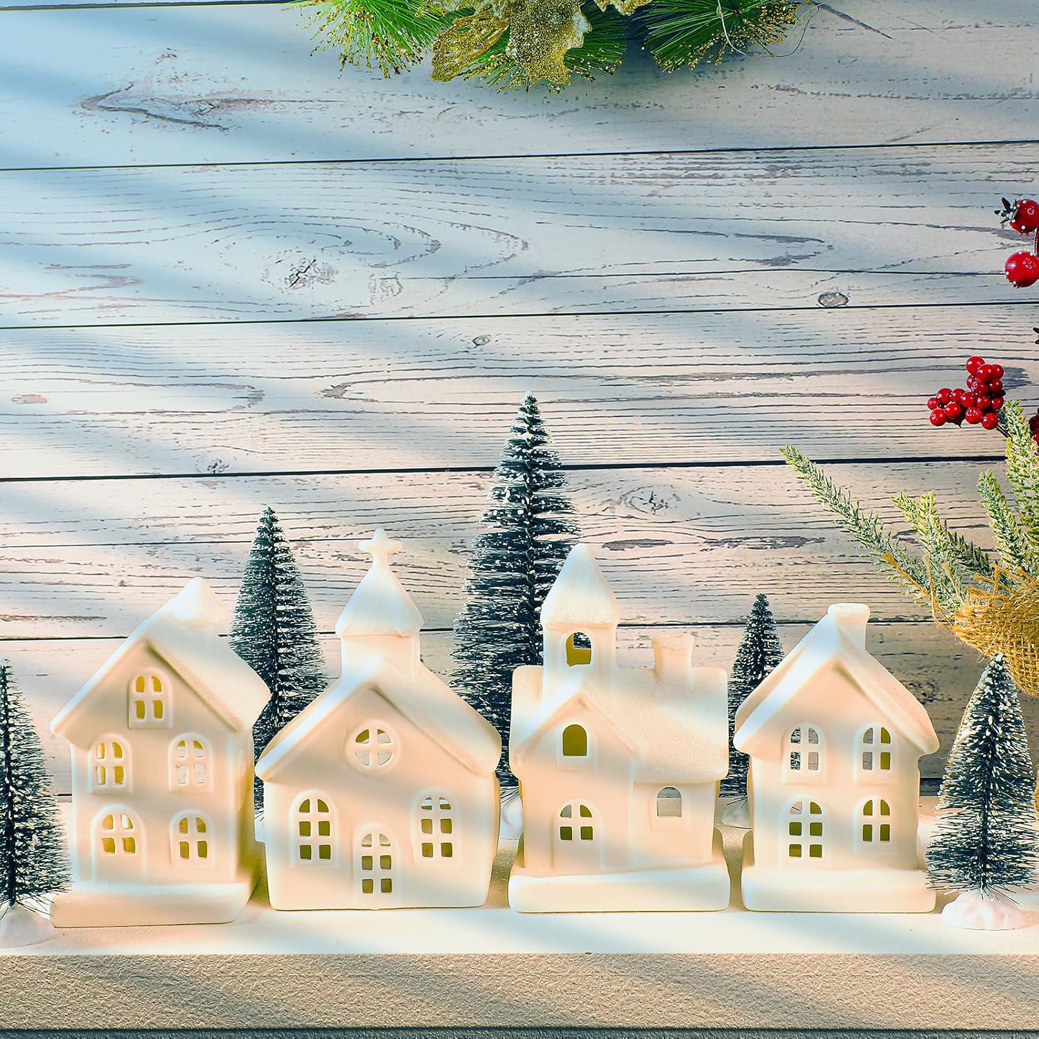 Skiennix Light Up Christmas Village Set - 4 Ceramic Houses & 5 Xmas Trees | Winter White Porcelain Decor