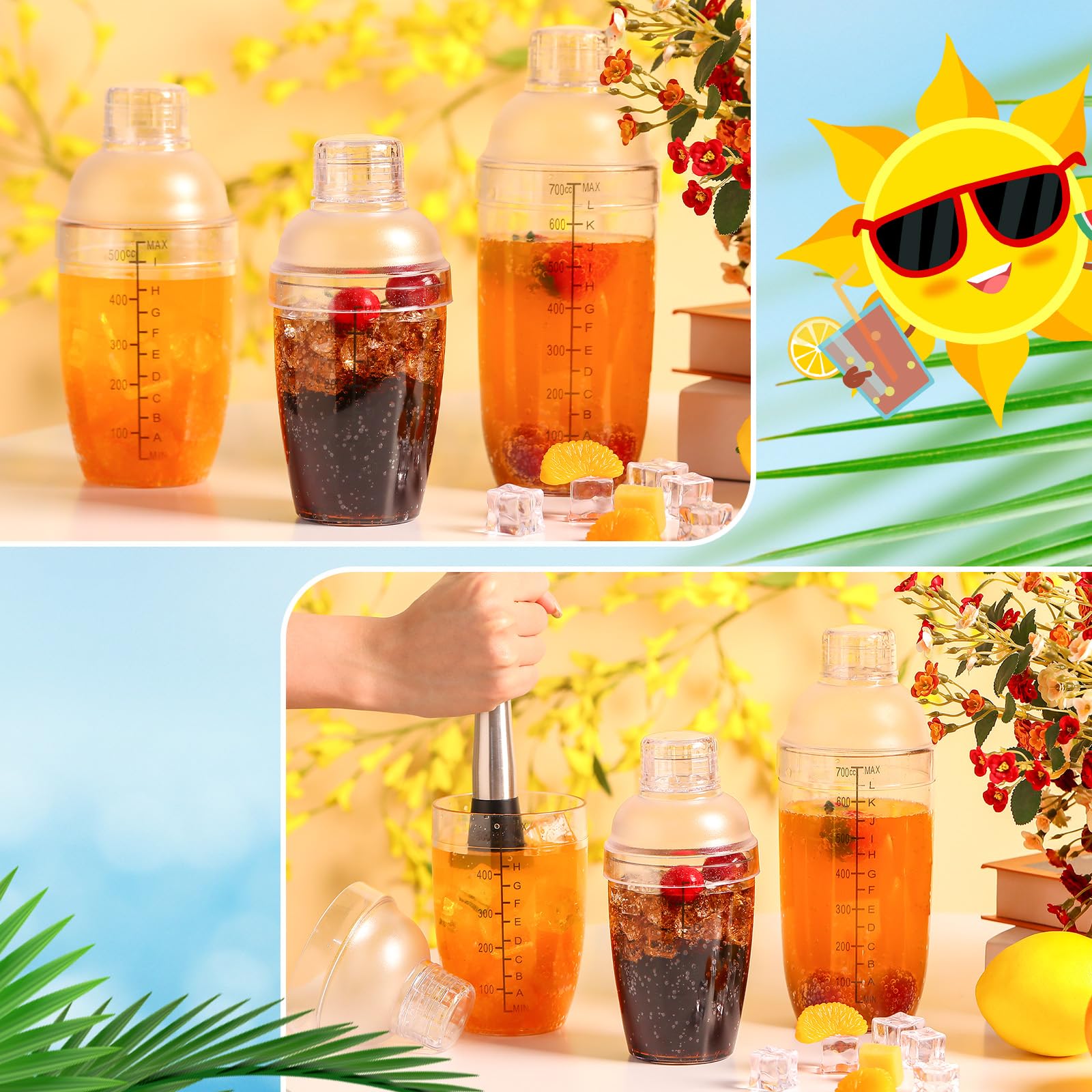 Lallisa 30 Pcs Plastic Cocktail Shaker Set 12 oz Drink Mixer Clear Shaker Cup with Measurements Scales and Strainer Plastic Mixing Tool for Tea Coffee Bar Bubble Milk Christmas Gift