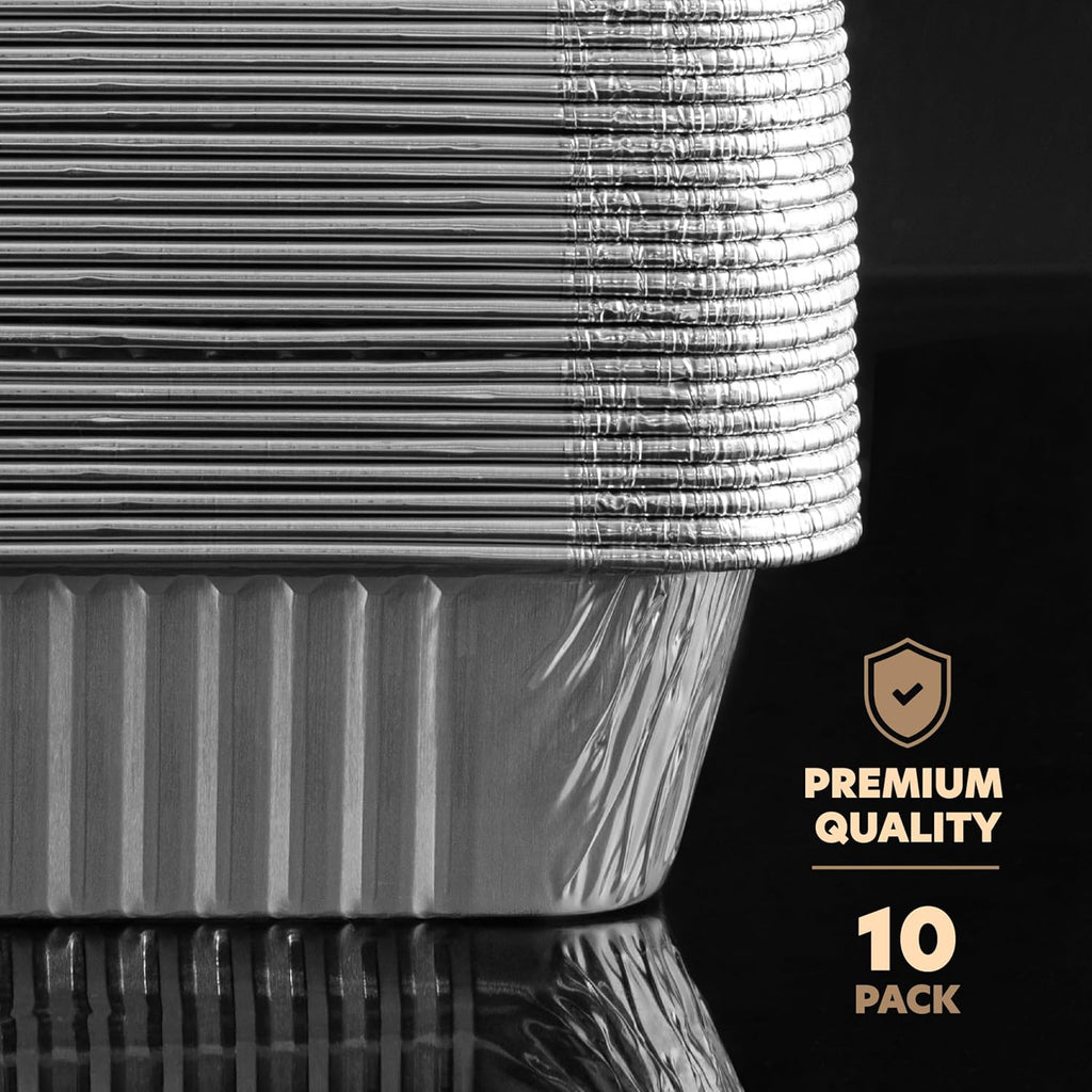 PlasticPro 12.5'' x 9'' Heavy-Duty Aluminum Disposable Pans - 10 Pack with Covers for Baking & Cooking