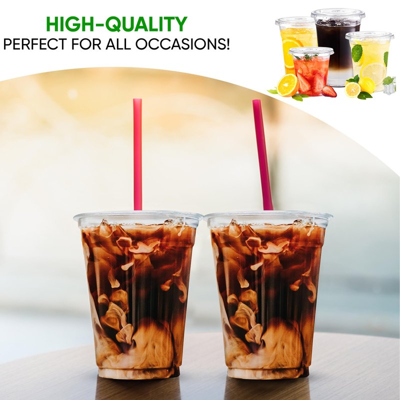 Green Direct Plastic Ultra Clear Cups With Flat Lids for Iced Coffee Bubble Boba Tea Smoothie (100, 10 Ounce)
