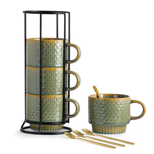 LYEOBOH Coffee Mug, Coffee Mugs Set of 4, Stackable Coffee Mugs with Rack and Spoons - 13 Oz Cup Set with Stand, Ceramic Mugs for Home & Kitchen, Blue and Green