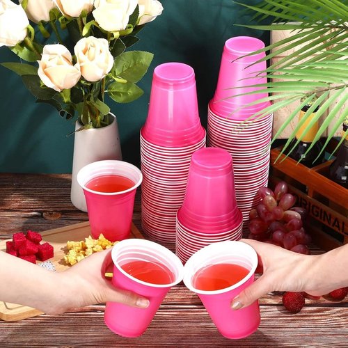 Zubebe 200 Pcs 12 oz Pink Plastic Cups Disposable Hot Pink Drinking Cups for Valentine Birthday Party Graduation Wedding Shower Indoor Outdoor Events Picnics