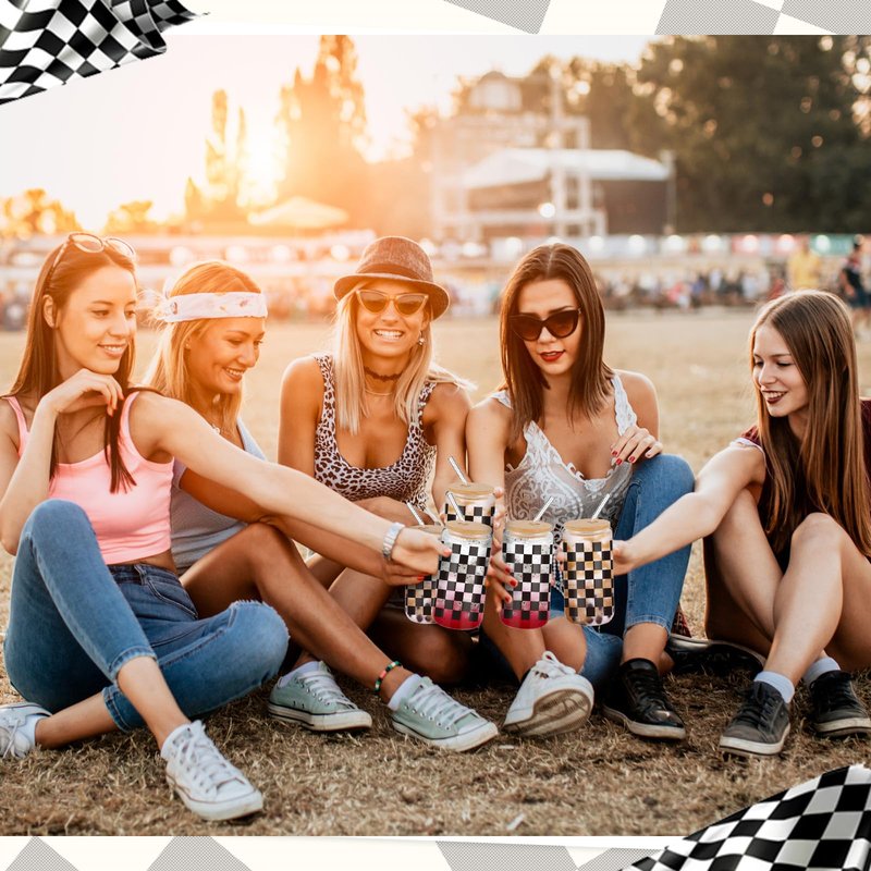 Yetene 12 Set 16oz Checkerboard Glass Cups with Bamboo Lids and Straws White Black Checkered Flag Glasses Tumblers Ice Coffee Cup for Racing Car Christmas Party Drink Decoration Gifts for Women