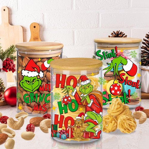 HGIK Christmas Cookie Jar with Lids, Christmas Kitchen Decor 3 Pack Glass Storage Jars, Xmas Decorations Canisters Sets with Airtight Bamboo Lid for Countertop, Clear Glass Storage Jars