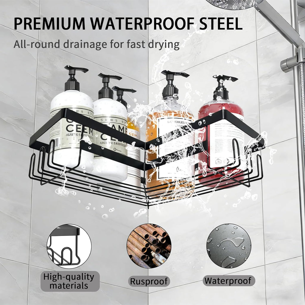 Skiennix Corner Shower Caddy - 3 Pack Rustproof Stainless Steel Organizers | No Drilling, Black