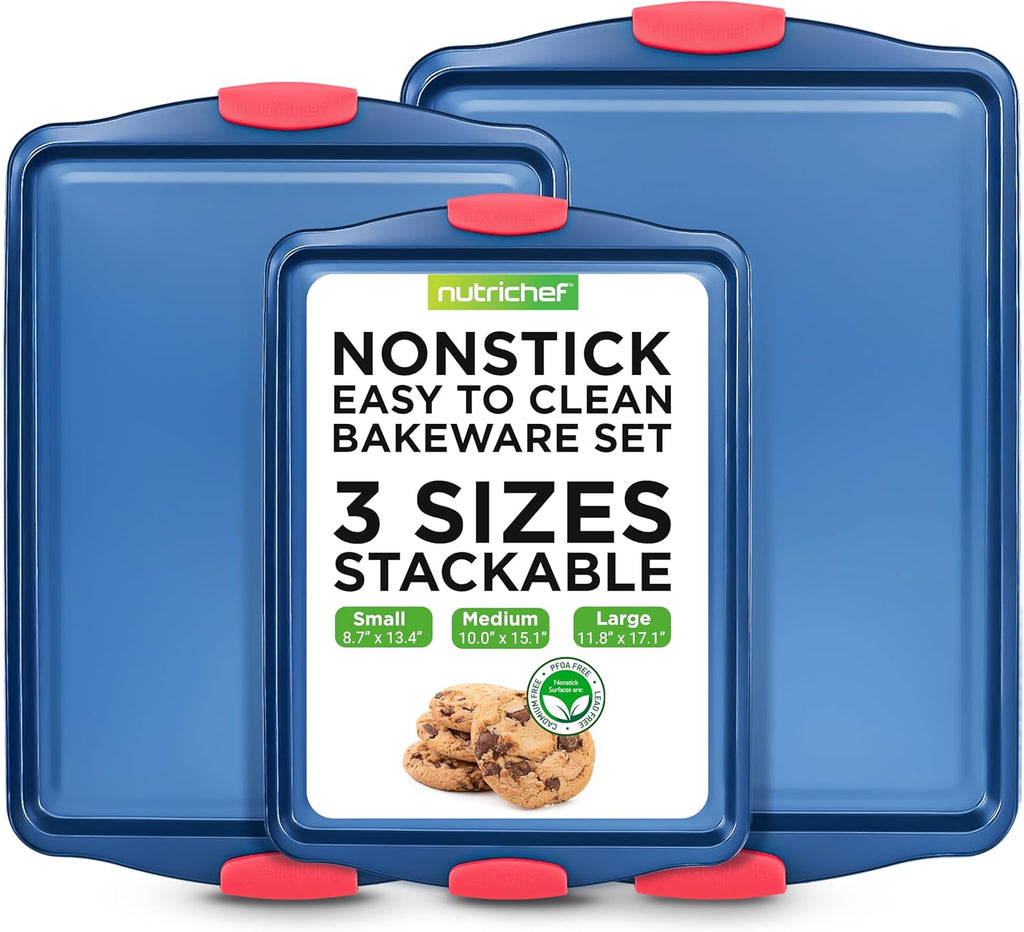 NutriChef Nonstick Baking Pans Set - Durable Carbon Steel Bakeware with Red Silicone Handles | Easy Cleanup (Blue)
