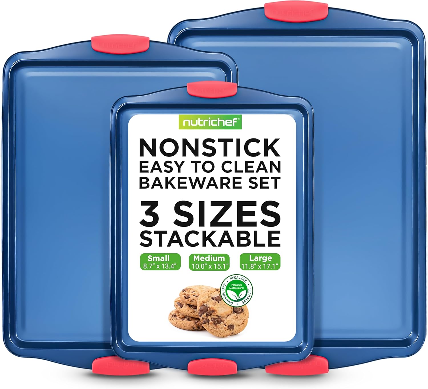NutriChef Nonstick Baking Pans Set - Durable Carbon Steel Bakeware with Red Silicone Handles | Easy Cleanup (Blue)