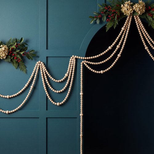 Ceenna 8 Pack 9 ft Rustic Christmas Wood Bead Garland for Xmas Tree Mantel Fireplace Stairs Coffee Table Decor Farmhouse Wooden Beads for Holiday Christmas Home Indoor Decor, Total 72 ft(Natural)