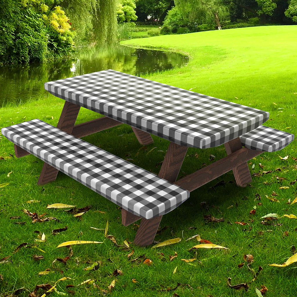 UMINEUX Picnic Table Cover with Bench Covers Fitted Table Clothes for 8 Foot Rectangle Tables Vinyl Flannel Backing with Elastic Edge -for Outdoor/Indoor Party Dining(30 x 96 Inch,3-Pcs,Black Plaid)