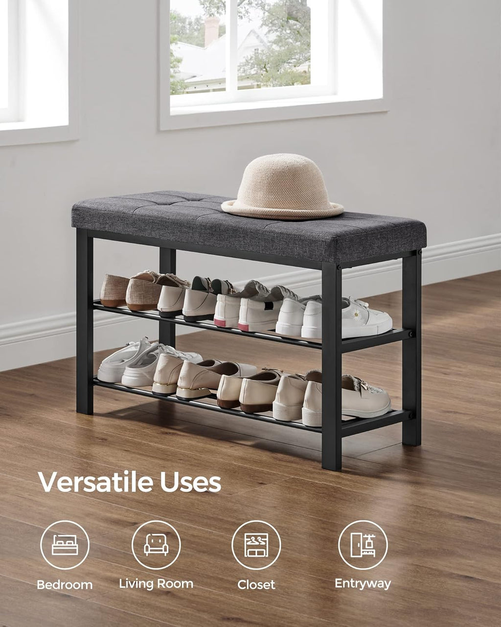 SONGMICS Shoe Bench - Modern Storage Solution with Cushion & Shelf | Dark Gray & Ink Black