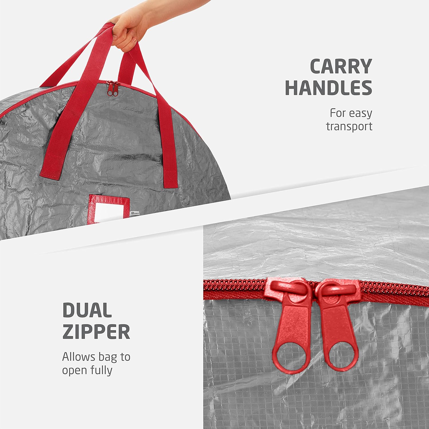 ZOBER Christmas Wreath Storage Container - 30 Inch Dual Zippered Bag with Durable Handles - Gray