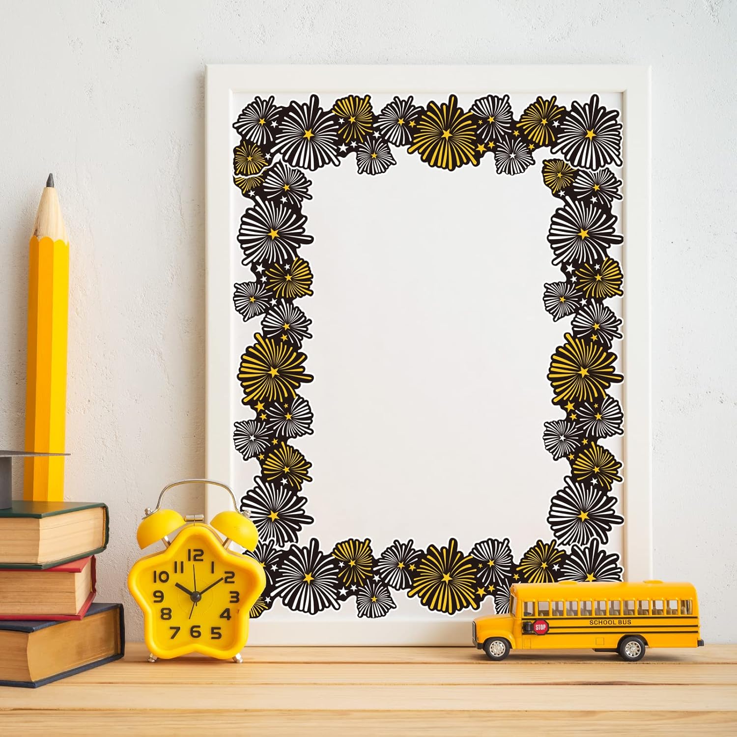 Whaline Graduation Bulletin Board Border - 69Ft Firework & Cap Design in Black, Gold, and White