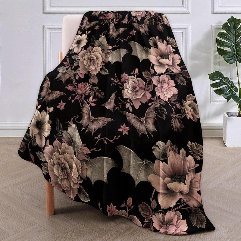 VANZEV Gothic Blanket, Floral and Bat Flannel Throw Blankets,Soft Warm Lightweight Cozy Plush Halloween Goth Throws for Bedroom Sofa Home Decor Gifts for Women Girls 50"x40"